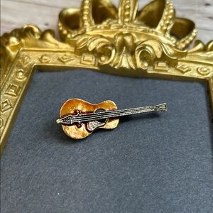 Vintage Gold and Brown Metal Guitar Brooch